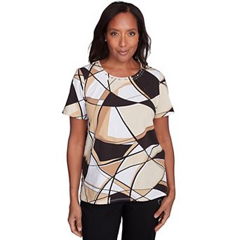 Petite Alfred Dunner Geometric Top with Detailed Neckline