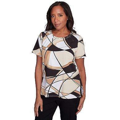 Petite Alfred Dunner Geometric Top with Detailed Neckline