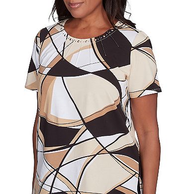 Petite Alfred Dunner Geometric Top with Detailed Neckline