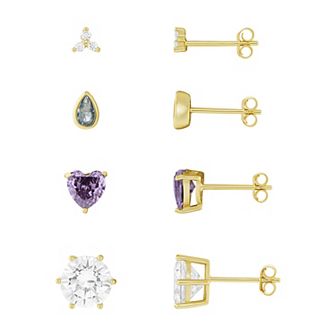 PRIMROSE 4 pc 18k Gold Plated Multi Color Cubic Zirconia Stud Earring Set