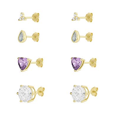 PRIMROSE 4-Piece 18k Gold Plated Multi Color Cubic Zirconia Stud Earring Set