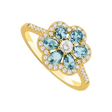 PRIMROSE Sterling Silver Cubic Zirconia & Simulated Corundum Stone Flower Band Ring