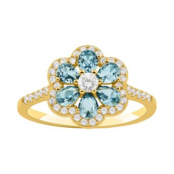 PRIMROSE Sterling Silver Cubic Zirconia & Simulated Corundum Stone Flower Band Ring