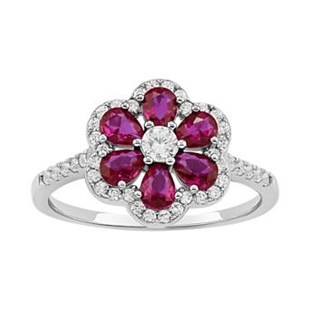 PRIMROSE Sterling Silver Cubic Zirconia & Simulated Corundum Stone Flower Band Ring