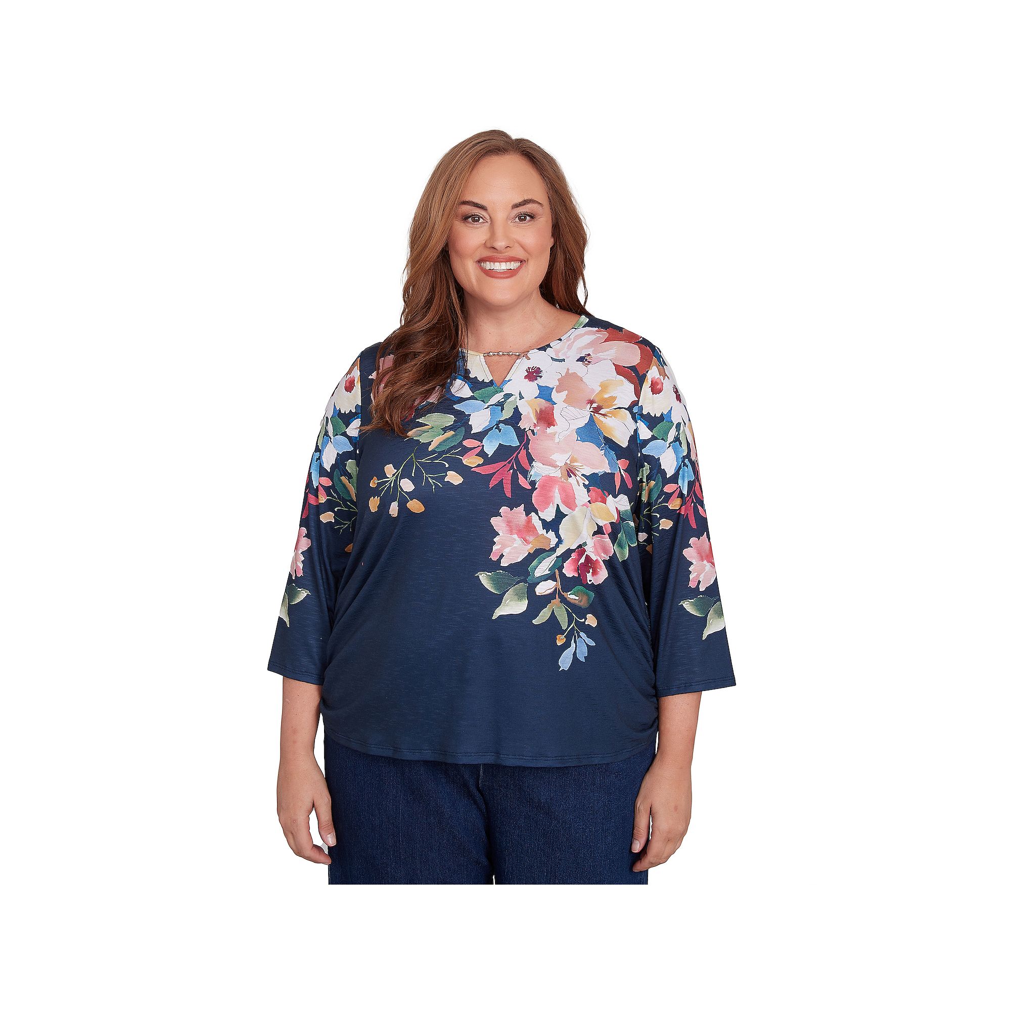 Plus Size Alfred Dunner Floral Knit Ruched Sleeve Top, Womens, Size: 3XL, 