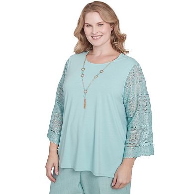 Plus Size Alfred Dunner Solid Lace Sleeve Knit Top with Necklace
