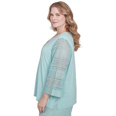 Plus Size Alfred Dunner Solid Lace Sleeve Knit Top with Necklace