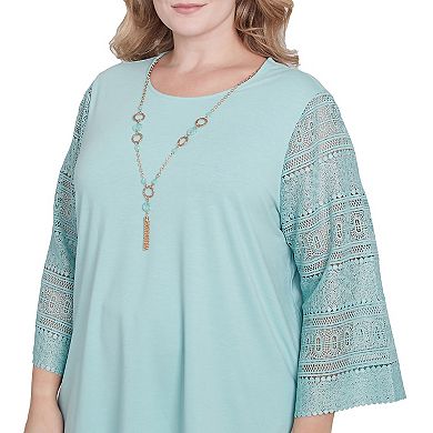 Plus Size Alfred Dunner Solid Lace Sleeve Knit Top with Necklace