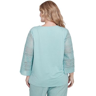 Plus Size Alfred Dunner Solid Lace Sleeve Knit Top with Necklace