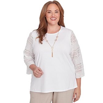 Plus Size Alfred Dunner Solid Lace Sleeve Knit Top with Necklace