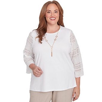 Plus Size Alfred Dunner Solid Lace Sleeve Knit Top with Necklace