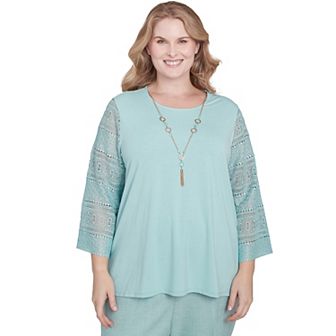 Plus Size Alfred Dunner Solid Lace Sleeve Knit Top with Necklace