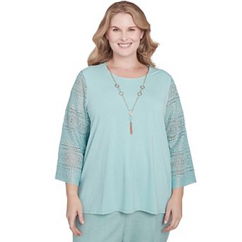 Plus Size Alfred Dunner Solid Lace Sleeve Knit Top with Necklace