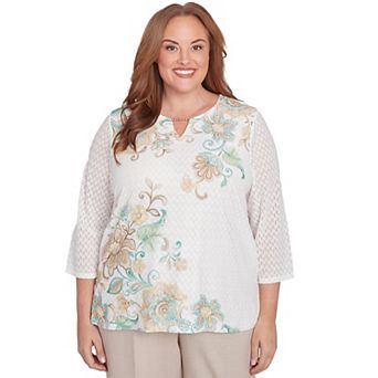 Plus Size Alfred Dunner Textured Knit Scroll Splitneck Top