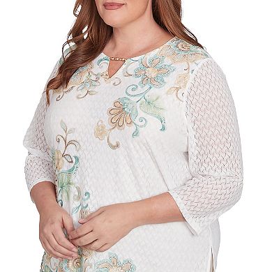 Plus Size Alfred Dunner Textured Knit Scroll Splitneck Top
