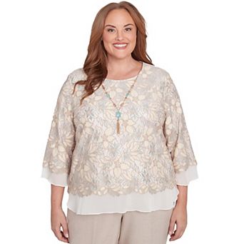 Plus Size Alfred Dunner Floral Lace Woven Trim Top with Necklace