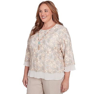 Plus Size Alfred Dunner Floral Lace Woven Trim Top with Necklace