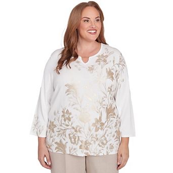 Plus Size Alfred Dunner Splitneck Botanical Gold Foil Print Top