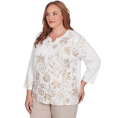 Plus Size Alfred Dunner Splitneck Botanical Gold Foil Print Top