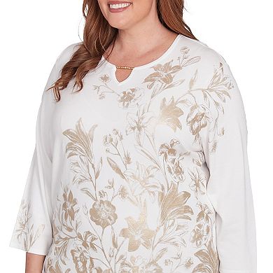 Plus Size Alfred Dunner Splitneck Botanical Gold Foil Print Top