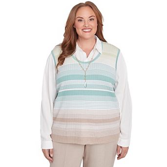 Plus Size Alfred Dunner Striped Vest Collared Two-in-One Sweater with Necklace
