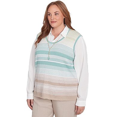 Plus Size Alfred Dunner Striped Vest Collared Two-in-One Sweater with Necklace