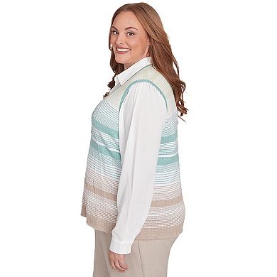 Plus Size Alfred Dunner Striped Vest Collared Two-in-One Sweater with Necklace