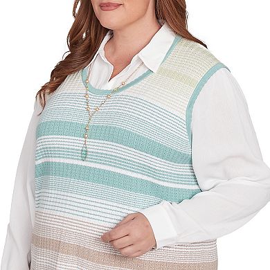 Plus Size Alfred Dunner Striped Vest Collared Two-in-One Sweater with Necklace