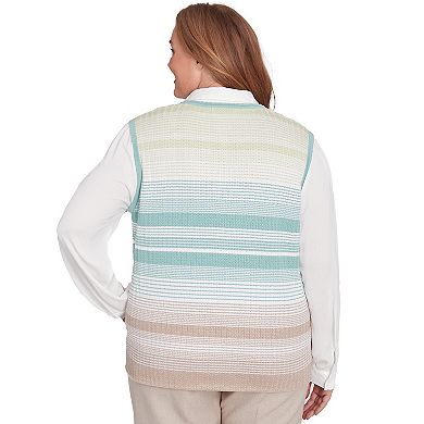 Plus Size Alfred Dunner Striped Vest Collared Two-in-One Sweater with Necklace