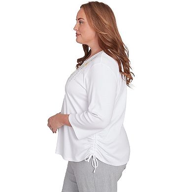 Plus Size Alfred Dunner Linear Knit Floral Embroidered Crewneck Top