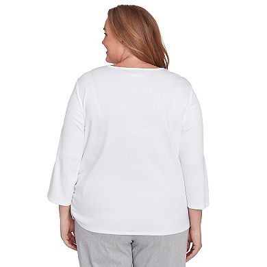 Plus Size Alfred Dunner Linear Knit Floral Embroidered Crewneck Top