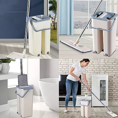 Flat Mop Bucket System Set With Reusable Microfiber Pads