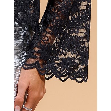 Lace Blouses for Women's Long Bell Sleeve Swing Trim Button Down Shirts