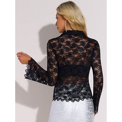 Lace Blouses for Women's Long Bell Sleeve Swing Trim Button Down Shirts