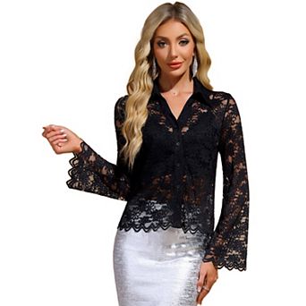 Lace Blouses for Women's Long Bell Sleeve Swing Trim Button Down Shirts