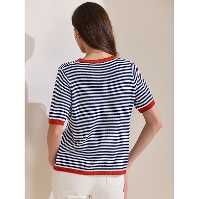 Women's Summer Tops Striped Knitted T Shirt Short Sleeve Trendy Loose Fit Pullover Top