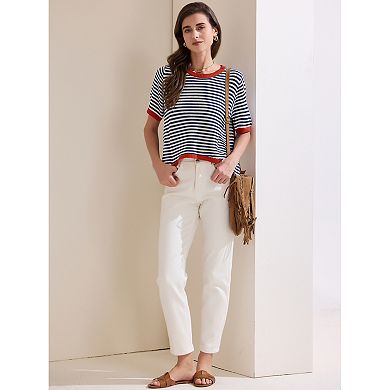 Women's Summer Tops Striped Knitted T Shirt Short Sleeve Trendy Loose Fit Pullover Top