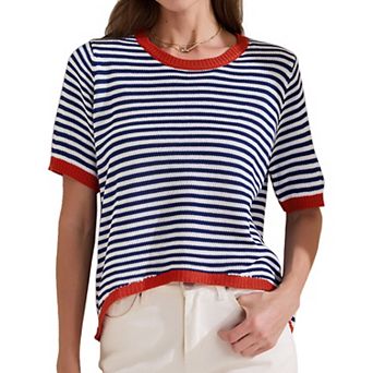 Women's Summer Tops Striped Knitted T Shirt Short Sleeve Trendy Loose Fit Pullover Top