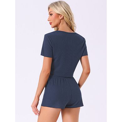 Womens Waffle Knit Button Down Pajamas Short Sleeve Crop Tops with Shorts 2 Piece Outfit Lounge Set