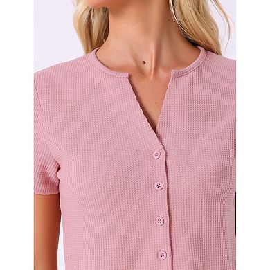 Womens Waffle Knit Button Down Pajamas Short Sleeve Crop Tops with Shorts 2 Piece Outfit Lounge Set