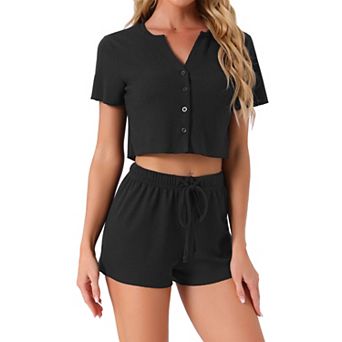 Womens Waffle Knit Button Down Pajamas Short Sleeve Crop Tops with Shorts 2 pc Outfit Lounge Set