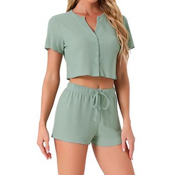 Womens Waffle Knit Button Down Pajamas Short Sleeve Crop Tops with Shorts 2 pc Outfit Lounge Set
