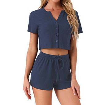 Womens Waffle Knit Button Down Pajamas Short Sleeve Crop Tops with Shorts 2 pc Outfit Lounge Set