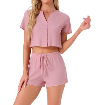Womens Waffle Knit Button Down Pajamas Short Sleeve Crop Tops with Shorts 2 pc Outfit Lounge Set