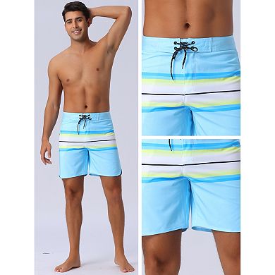 Men's Color Block Drawstring Waist Pool Beach Striped Swimming Shorts