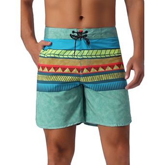 Men's Color Block Drawstring Waist Pool Beach Striped Swimming Shorts