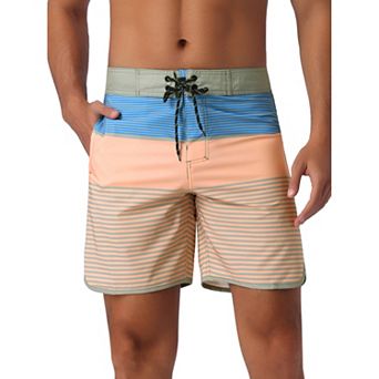 Men's Color Block Drawstring Waist Pool Beach Striped Swimming Shorts