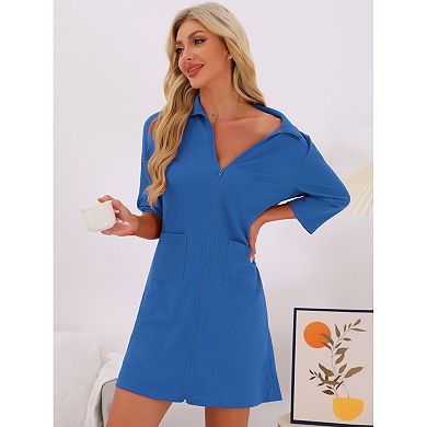 Women's Zip Up Robes Short House Coat 3/4 Sleeves House Dresses Waffle Lightweight Bathrobe