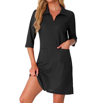Women's Zip Up Robes Short House Coat 3/4 Sleeves House Dresses Waffle Lightweight Bathrobe