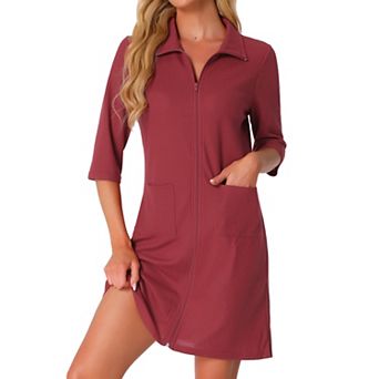Women's Zip Up Robes Short House Coat 3/4 Sleeves House Dresses Waffle Lightweight Bathrobe